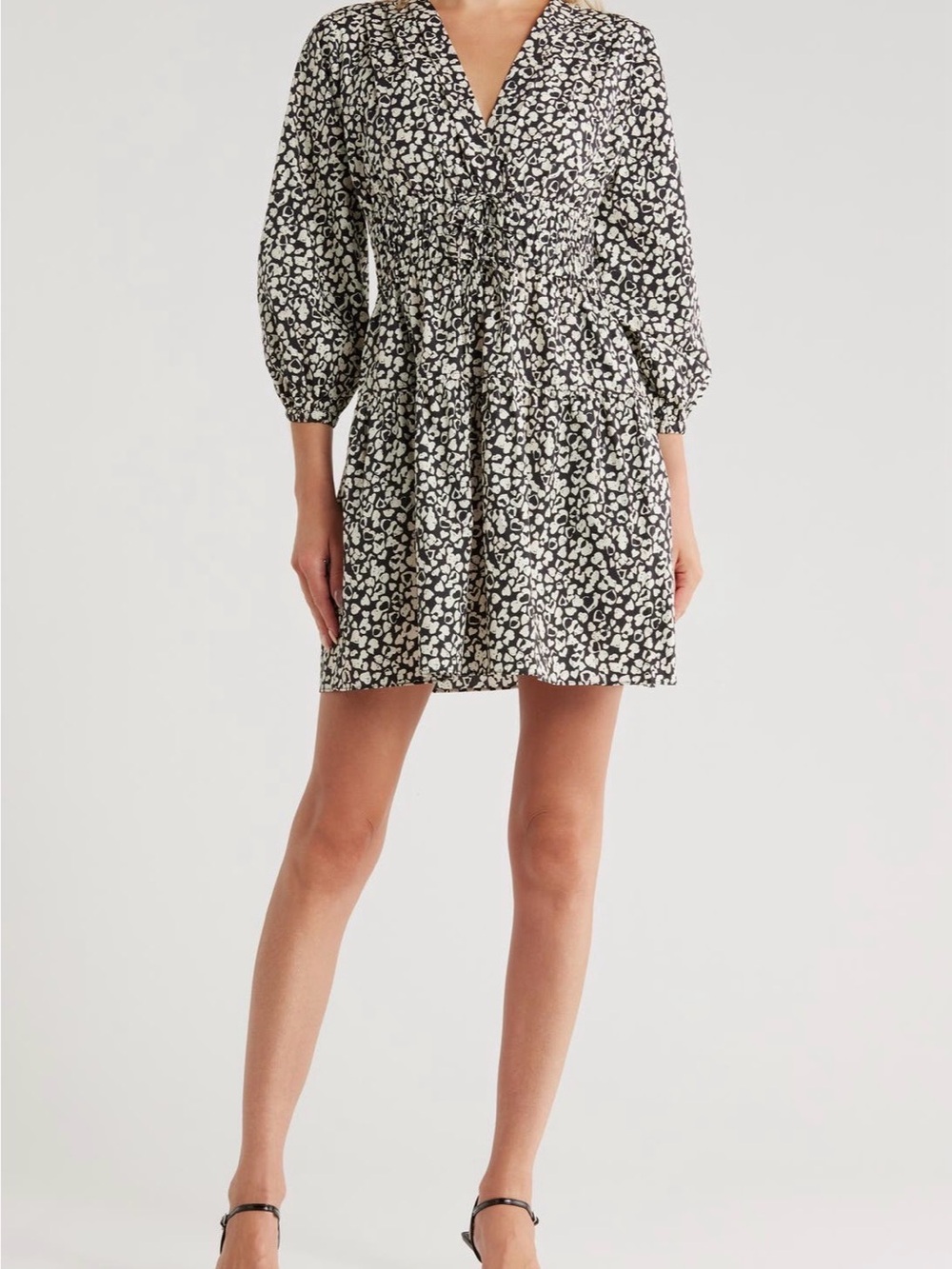 10 Crosby Derek Lam Black and Cream Printed Long Sleeve Drawstring Waist Dress